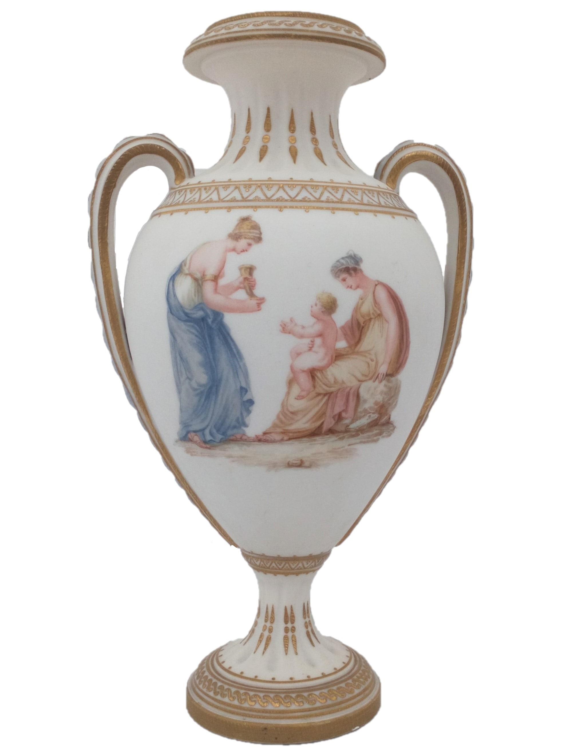 An antique Ceramic and Crystal Palace Art Union parian porcelain vase beautifully hand painted classical Roman figures impressed Hunter and dated 1881