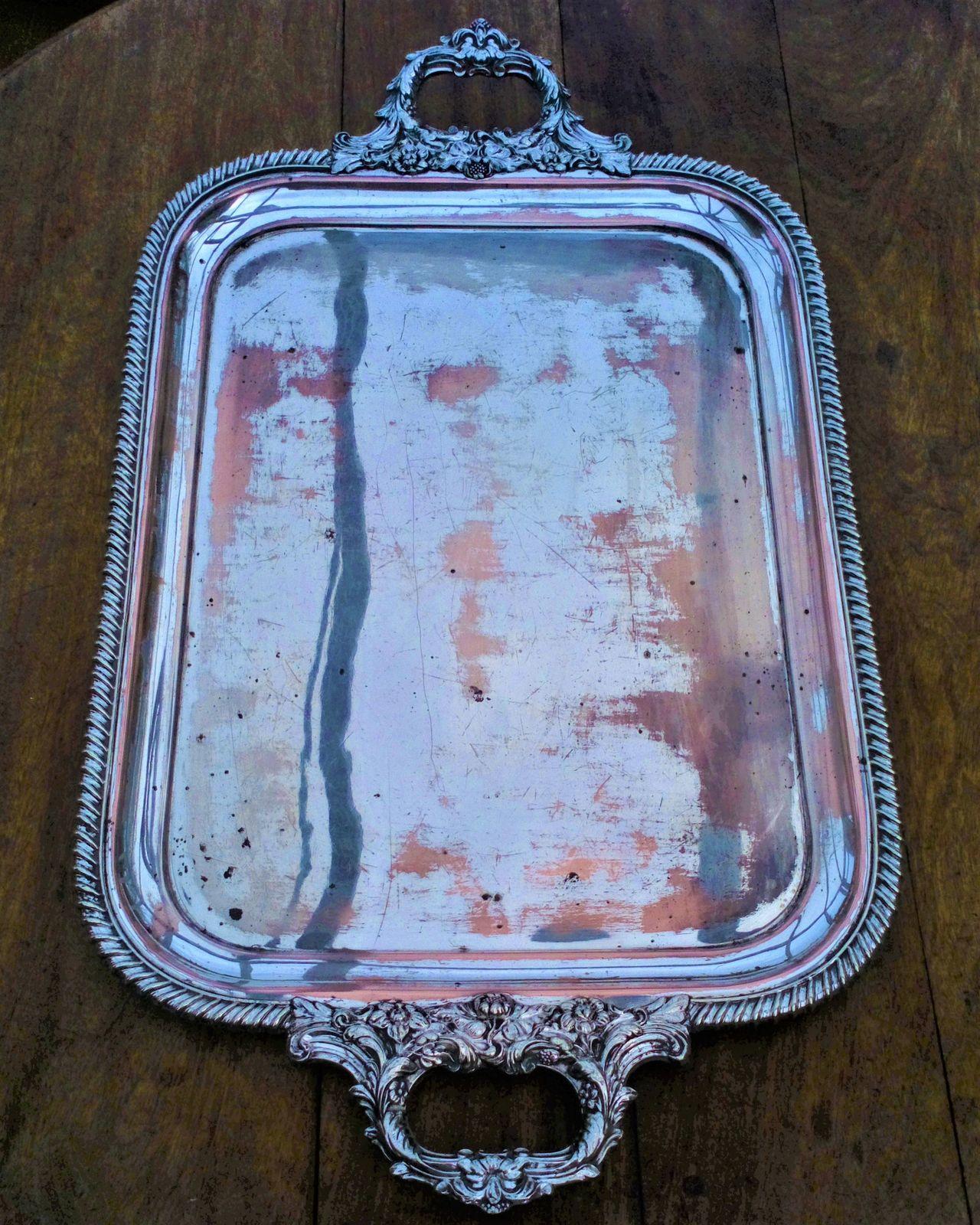 Antique Heavy Quality Silver Plate on Copper Butler's Tray 29 inches long 17 inches wide Victorian 1870 weighs 5 kg