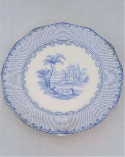 Victorian Blue and White Dinner Plate Romantic Pattern No 15 Geometric border c 1850