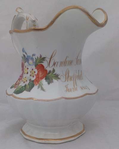 Antique Isaac Baguley Rockingham Porcelain Quart Jug with a scrolling gilt inscription Caroline Sanderson Sheffield 1847  capacity of two pints or a quart.