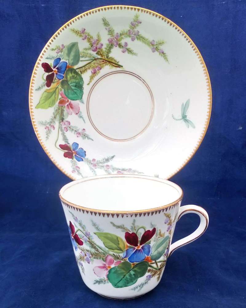 Antique early Aesthetic Movement English porcelain cup and saucer hand painted floral and dragonfly pattern circa 1860