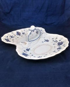 Antique German porcelain hors d'ouevres dish with loop handle decorted with blue flowrs and birds with gided highlights. Marked on the base KPM for Krister Porzellan-Manufaktur of Waldenburg circa 1860.