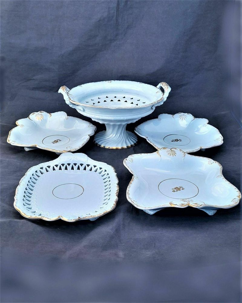 Antique William Ridgway & Co Pale Blue Earthenware Part Dessert Service circa 1830 - low relief moulded pierced and gilded with handles five pieces