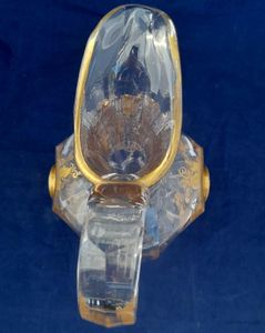 Antique Bohemian ruby red jewelled and gilded clear cut glass pedestal footed hexagonal oviform water jug circa 1870 34.5 cm high 12.8 cm diameter weighs 1246 grammes unpacked 900 ml capacity