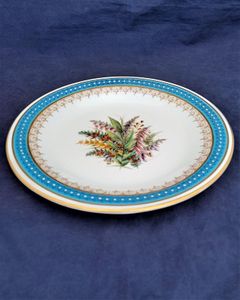 An antique Royal Worcester Porcelain Botanical Dessert Plate Heather Pattern number 8893 impressed date code 1904 Jewelled rim