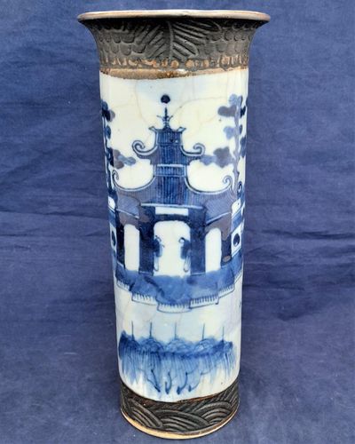 Antique Chinese porcelain crackle glaze vase hand painted blue & white Island temple and bridge pattern with brown etched rim Chenghua mark but antique Qing late 19th century. 10 inches high