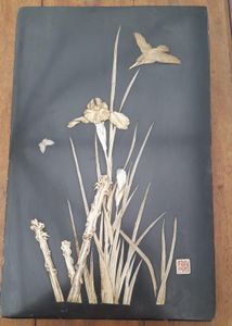 Japanese Antique Shibayama Black Lacquered Wall Panel Inlaid With Mother of Pearl & Ivory Kingfisher Butterfly Iris & Grasses Meiji Period circa 1880
