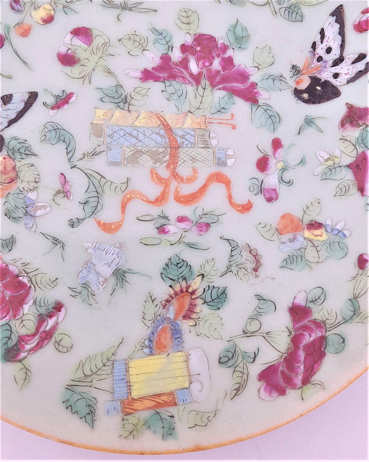 Chinese Canton Celadon Plate Painted enamel flowers & Butterflies 19th century Stylised blue seal mark Guangxu antique 1880 19 cm D