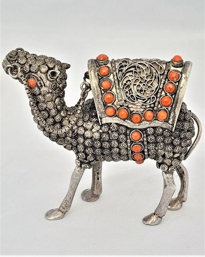 Vintage Sterling silver & coral dromedary camel ornament with mahawi possibly North Arabian - stamped 925 - 7 cm high 8 cm long weight 90 grammes