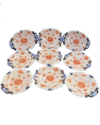 Antique New Hall Porcelain Inverted Shell or Dropped Shell Dessert Service - 9 pieces - Hand Painted Imari Pattern low relief moulded - Antique ca 1820 - 4 kg