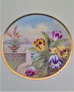 An antique Edwardian Spode Copeland's China porcelain cabinet plate hand painted central floral landscape pattern R2331 with tulips - gilded Bradford border registered design number 46740 antique circa 1905