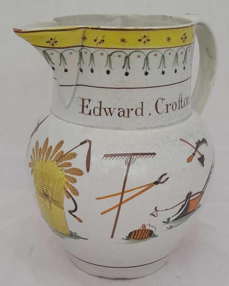 Pearlware high temperature underglaze decorated jug painted name - Edward Croston and farm implement  - Antique circa 1800 - prattware - capacity 2.5 pints or 1.45 litres - 17.5 cm high