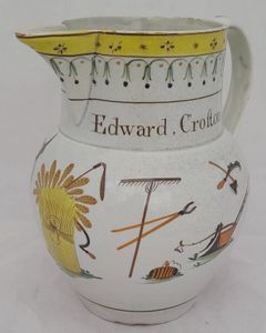 Pearlware high temperature underglaze decorated jug painted name - Edward Croston and farm implement  - Antique circa 1800 - prattware - capacity 2.5 pints or 1.45 litres - 17.5 cm high