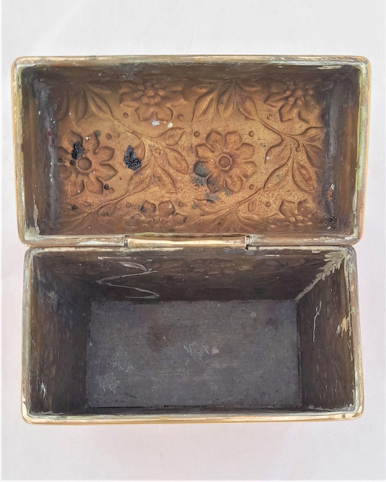 Aesthetic Movement antique brass hinged lidded Box for Stationery Passports or Notelets B7 size embossed floral decoration circa 1900