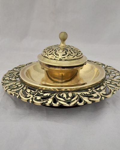 Antique neo rococo style brass hinged lidded inkwell with liner & pen stand cast rococo scroll decoration circa 1870