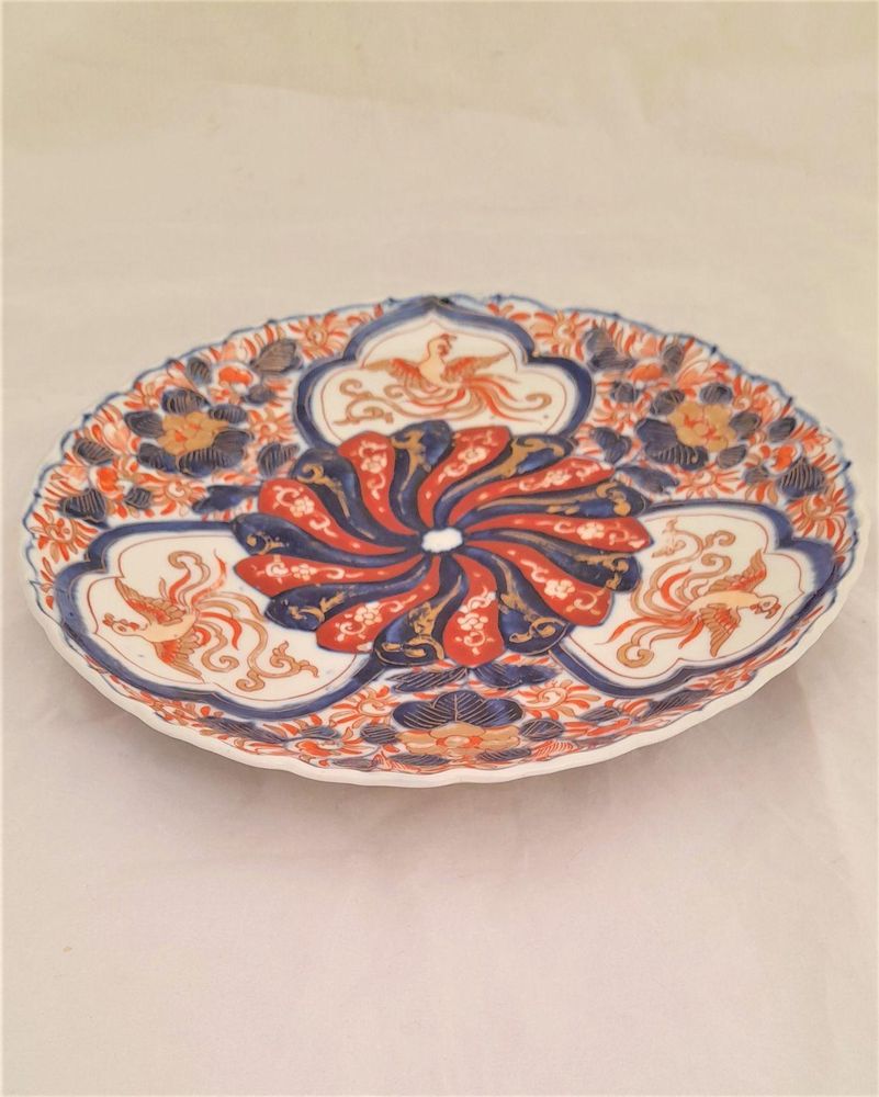 Antique Japanese Arita Porcelain Plate Ribbed Hand Painted Imari Pattern HoHo Bird or Chinese Phoenix Central low Relief Chrysanthemum Meiji ca 1880