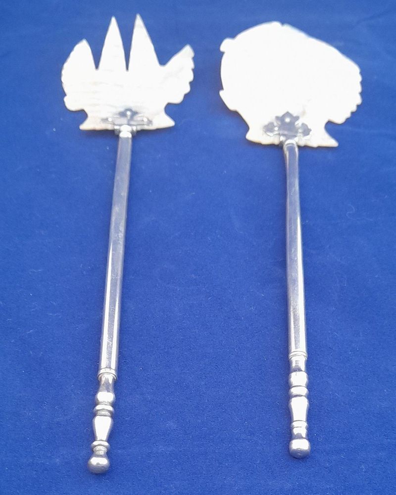 Palais Royal Mother of Pearl Fish Caviar or Salad servers with silver plated brass handles Antique French Grand Tour 1880