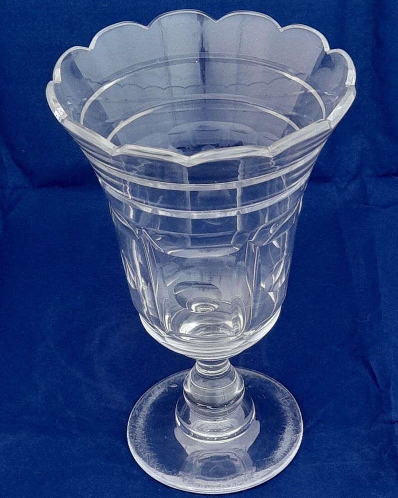 Antique Victorian Large Glass Celery Vase Scalloped Rim Panel Cut Baluster Knop