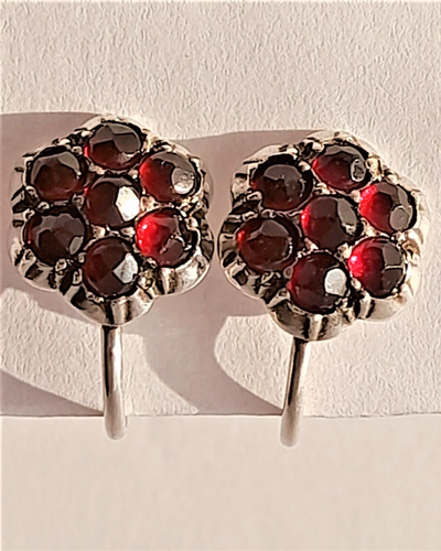 Antique Silver and Bohemian Garnets Stud Screw Back Earrings Edwardian circa 1910