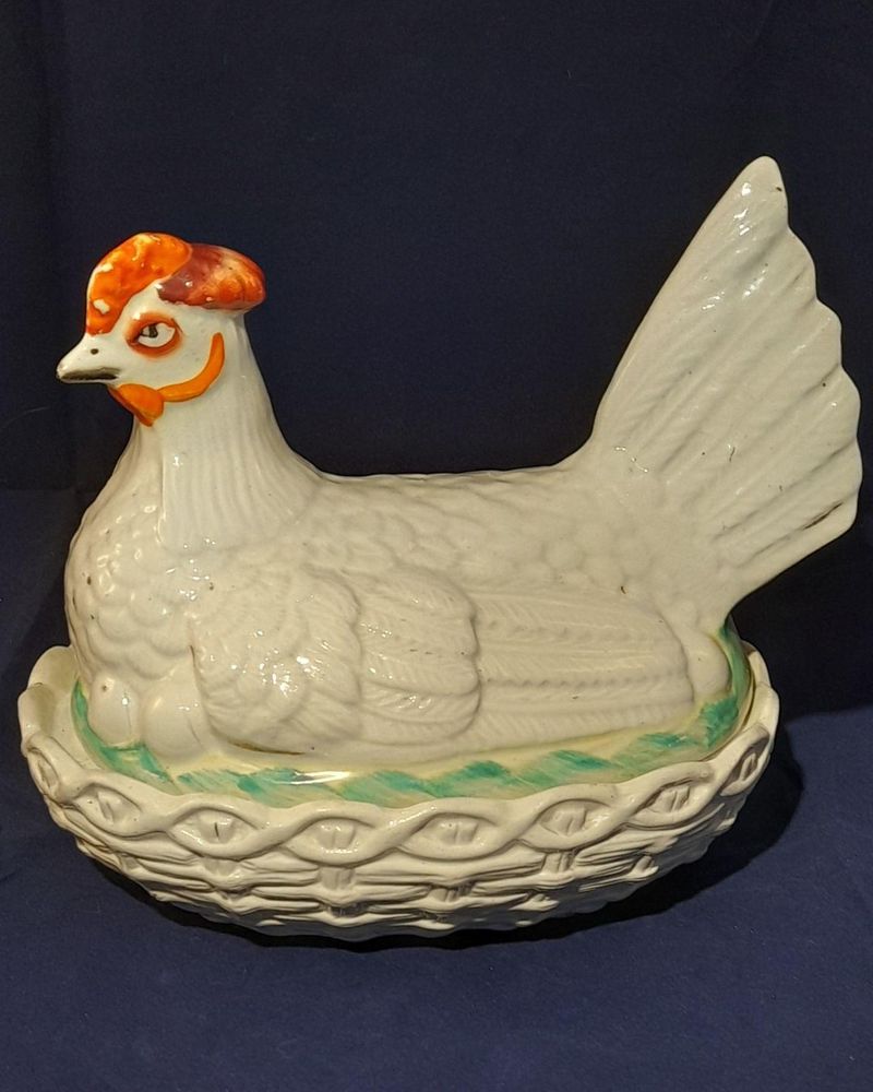 Staffordshire Pottery Chicken Egg Crock White Hen on Nest realistically modelled & coloured Antique circa 1860 7" high