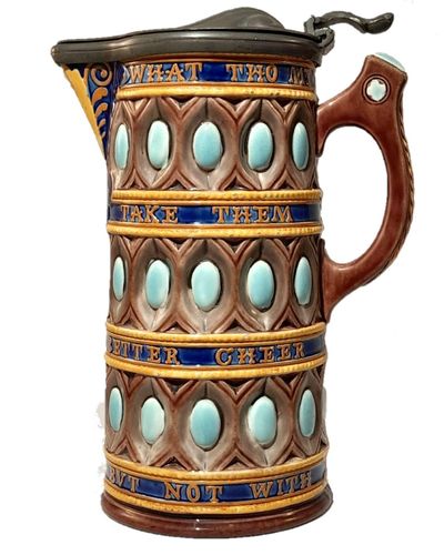Antique Wedgwood majolica pottery jewelled caterers jug - What tho my Cates be poor  take them in good part, may you have better cheer but not with better heart'.   An excerpt from Shakespeare's "Comedy of Errors" Act 3, scene 1. - circa 1865 Victorian 19.7cm High 1 1/2 pints capacity weight 724 grammes unpacked.