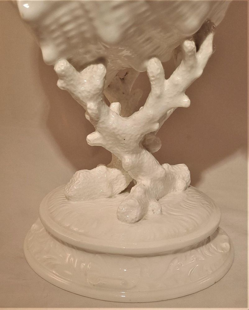 Antique Wedgwood White Porcelain Centrepiece - Fine Bone China Conch Shell sat Upon Coral on a round base - Victorian circa 1900 - 24.8 cm H 19 cm L