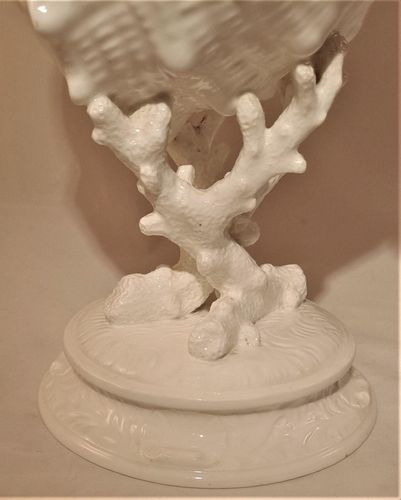 Antique Wedgwood White Porcelain Centrepiece - Fine Bone China Conch Shell sat Upon Coral on a round base - Victorian circa 1900 - 24.8 cm H 19 cm L