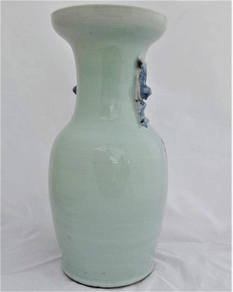 Antique Chinese Porcelain Celadon Ground Vase Blue & White Precious Things Lion Dog Handles baluster shape flared trumpet neck Qing dynasty late 19thC 42cm high 20.6 cm diameter 3.65 kg