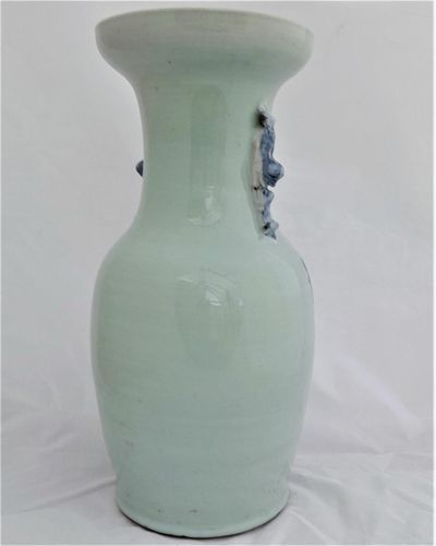 Antique Chinese Porcelain Celadon Ground Vase Blue & White Precious Things Lion Dog Handles baluster shape flared trumpet neck Qing dynasty late 19thC 42cm high 20.6 cm diameter 3.65 kg