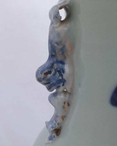 Antique Chinese Porcelain Celadon Ground Vase Blue & White Precious Things Lion Dog Handles baluster shape flared trumpet neck Qing dynasty late 19thC 42cm high 20.6 cm diameter 3.65 kg