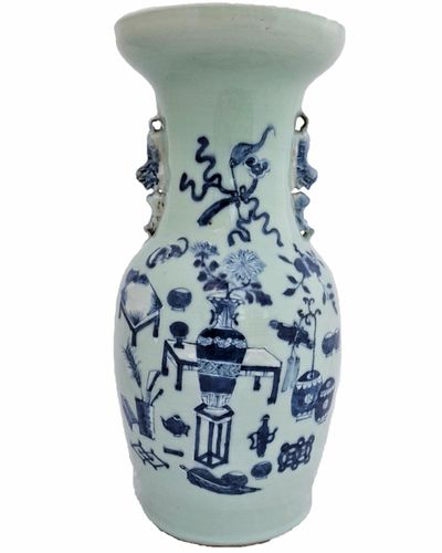 Antique Chinese Porcelain Celadon Ground Vase Blue & White Precious Things Lion Dog Handles baluster shape flared trumpet neck Qing dynasty late 19thC 42cm high 20.6 cm diameter 3.65 kg