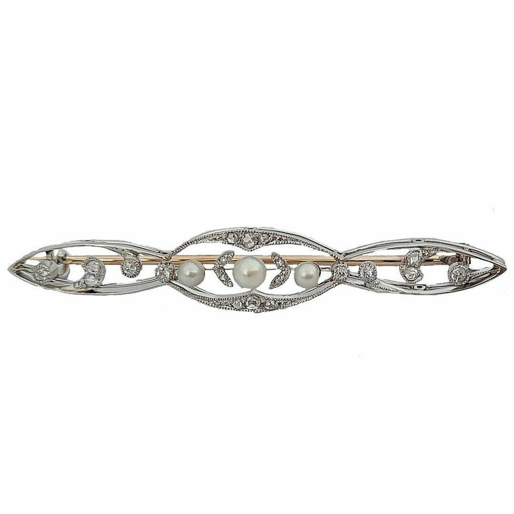 Antique Edwardian 18ct White and Yellow Gold Bar Brooch set with Diamonds  and Natural Pearls