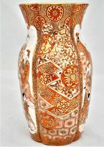 Antique Japanese Kutani Porcelain Vase decorated in iron red and enamel brocade - aka-e kinran-de made in the  Meiji period circa 1885 - signed Kaga San Pu Do - painted by Kasama Shuseki of  Kanazawa  in the Kaga Prefecture 15.2 cm high 9.2 cm wide weighs 370 grammes unpacked.