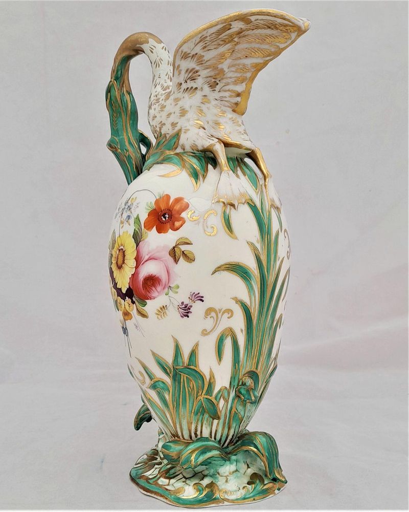 Antique Regency Daniel & Son Porcelain Swan lipped Vase Ewer or Jug Hand Painted Botanicals circa 1825. Made by Henry & Richard Daniel Shelton Staffordshire. 242mm high weighs 516 grammes unpacked.