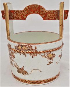 Japanese Kutani Porcelain Well Bucket Shaped Vase decorated in aka-e Meiji antique circa 1890 - signed Kutani Kankin Ken sei 12.7 cm high 319 grammes