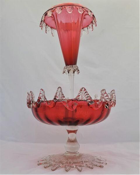 Antique Large Ruby Glass Table Centrepiece or Epergne Stand & Ruby Glass Trumpet circa 1880 - Applied crimped leaf & embossed daisy decoration 42cm High 2.4 kg