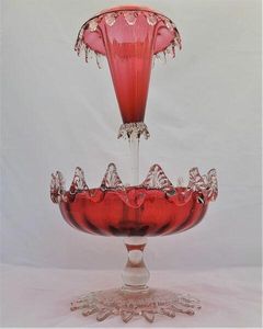 Antique Large Ruby Glass Table Centrepiece or Epergne Stand & Ruby Glass Trumpet circa 1880 - Applied crimped leaf & embossed daisy decoration 42cm High 2.4 kg