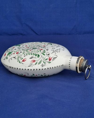 Pearlware Prattware Spirit Flask Inscribed W. Nicklin June 12th 1838 - Antique Pilgrim Flask high temperature underglaze colours green black & red