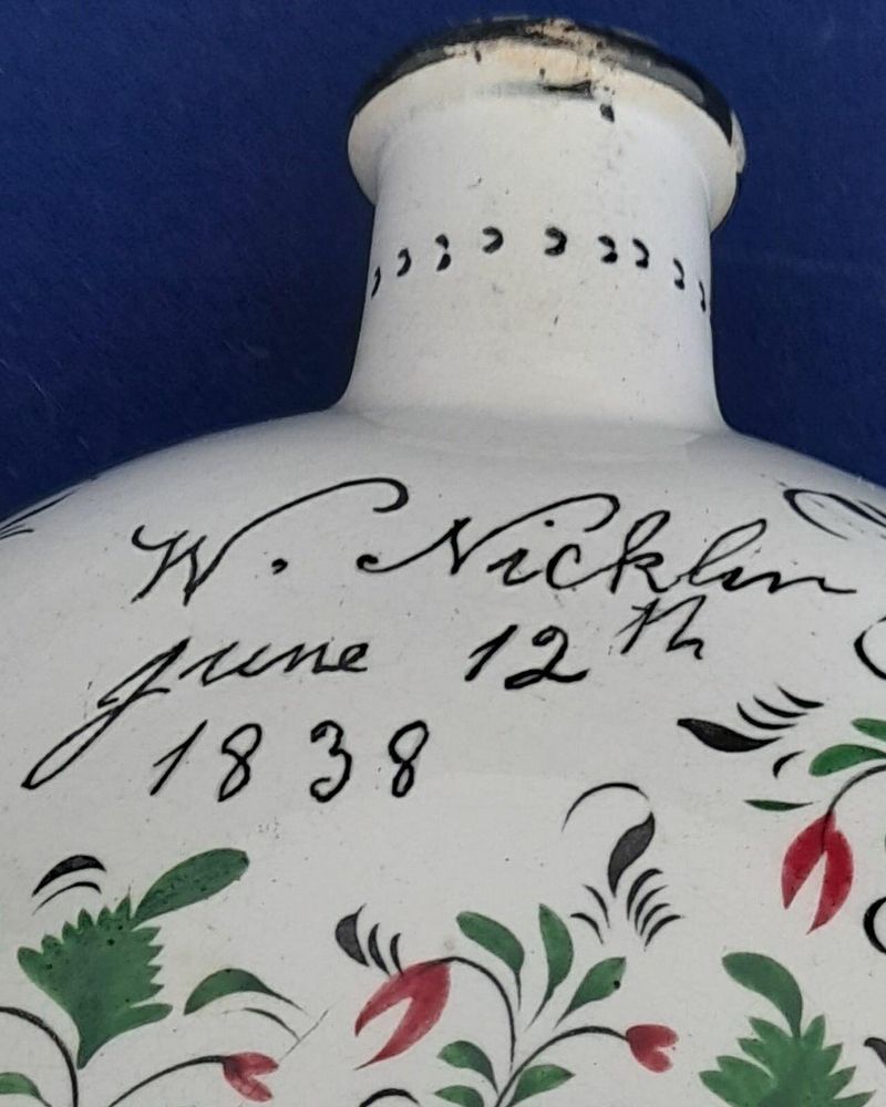 Pearlware Prattware Spirit Flask Inscribed W. Nicklin June 12th 1838 - Antique Pilgrim Flask high temperature underglaze colours green black & red