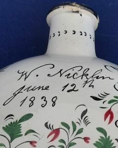 Pearlware Prattware Spirit Flask Inscribed W. Nicklin June 12th 1838 - Antique Pilgrim Flask high temperature underglaze colours green black & red