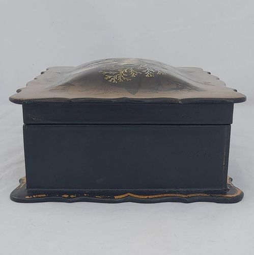 Right - Papier Mache Jewellery Box scalloped rim & hand painted Shells Seaweed & kelp design with Inlaid Mother of Pearl - Antique Victorian Conchology c 1850