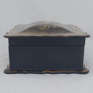 Right - Papier Mache Jewellery Box scalloped rim & hand painted Shells Seaweed & kelp design with Inlaid Mother of Pearl - Antique Victorian Conchology c 1850