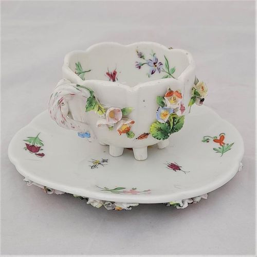 back right - Dresden porcelain cup & saucer applied flowers hand painted insects antique late 19th C - lobed shape on six stilt feet - Meissen style - monogram JR