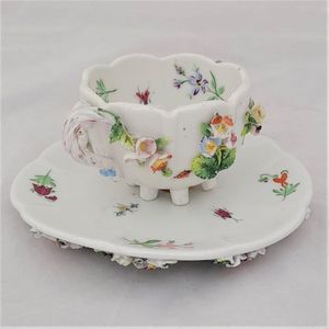 back right - Dresden porcelain cup & saucer applied flowers hand painted insects antique late 19th C - lobed shape on six stilt feet - Meissen style - monogram JR