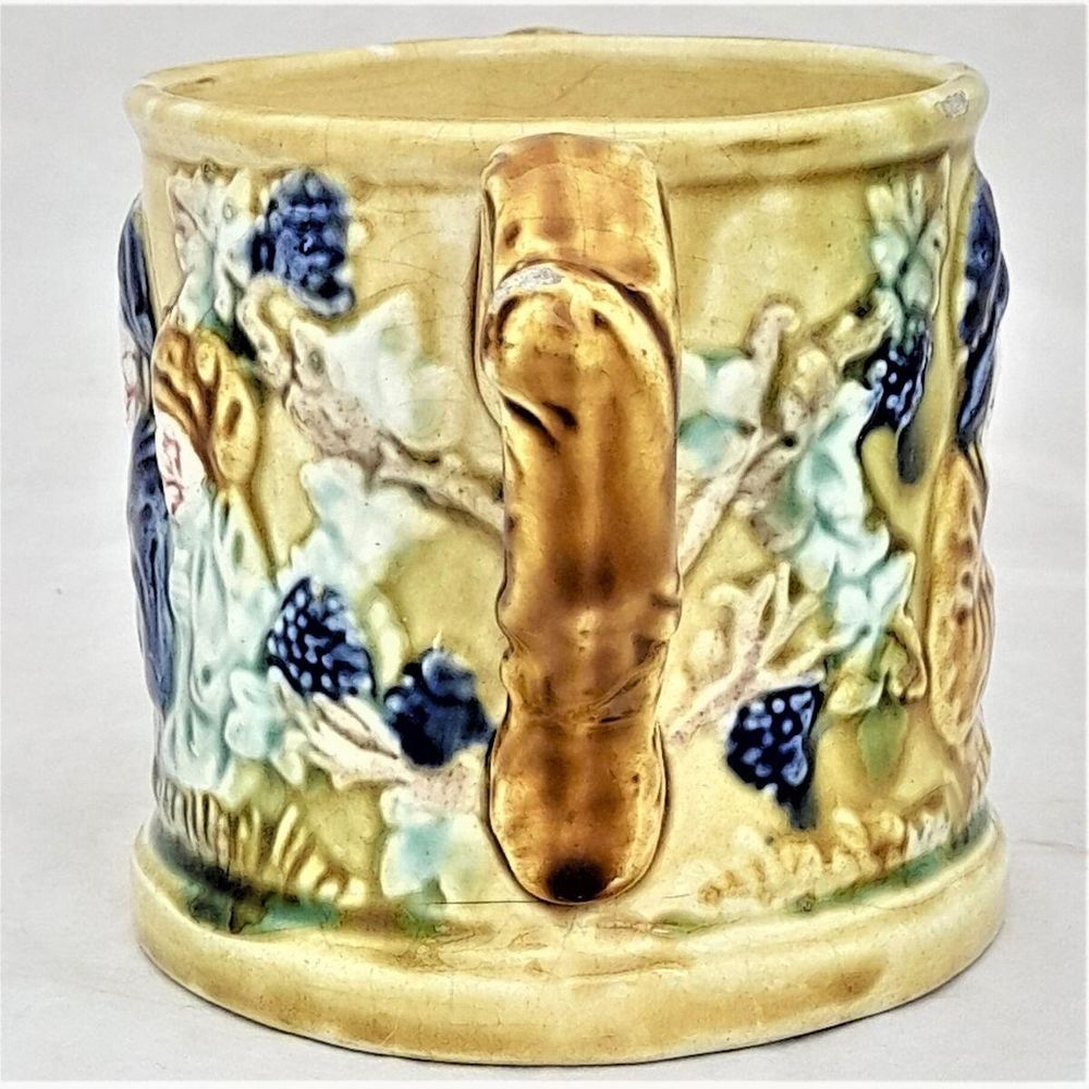 Right handle  -Novelty Frog Loving Cup Jolly Topers - Prattware underglaze coloured - Kilnhurst Pottery Yorkshire - moulded The Miser & Grapevines - Antique c 1860