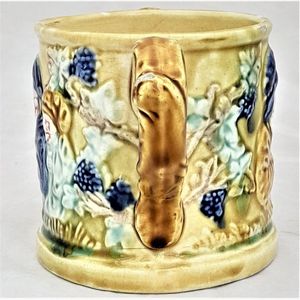 Right handle  -Novelty Frog Loving Cup Jolly Topers - Prattware underglaze coloured - Kilnhurst Pottery Yorkshire - moulded The Miser & Grapevines - Antique c 1860