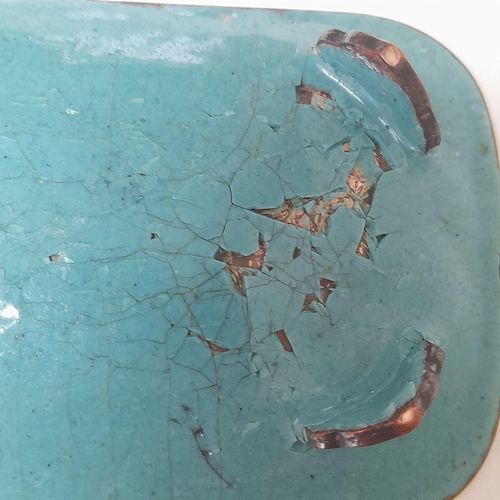 Detail flaking underside - Japanese shippo cloisonne turquoise enamel bracket footed small rectangular dish decorated with butterfly & flowers - Antique Meiji period circa 1900