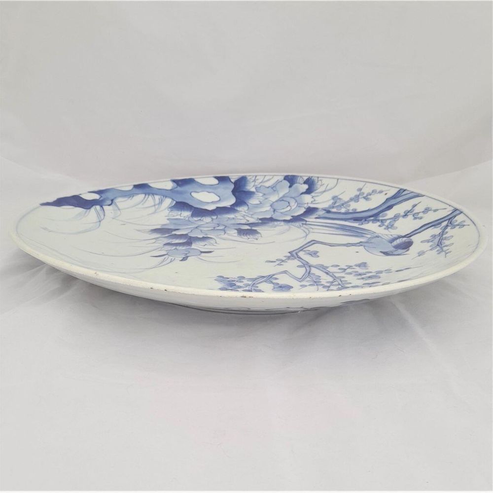 side view top - Large Japanese Arita Porcelain Charger Painted Blue & White Bird of Paradise in Prunus Tree - antique circa 1870 19th C Meiji 41 cm diameter 2.29 kg