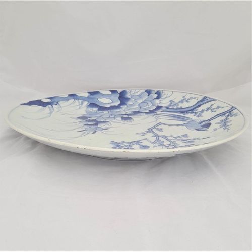 side view top - Large Japanese Arita Porcelain Charger Painted Blue & White Bird of Paradise in Prunus Tree - antique circa 1870 19th C Meiji 41 cm diameter 2.29 kg