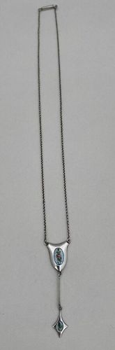 Antique Silver & Enamel Charles Horner Dropper Necklace Pink Rose Spray on Pale Blue Guilloche Enamel circa 1915